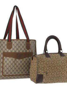 GUCCI Celine GG Supreme C Sulky Hand Bag PVC Canvas 2 Set Beige Auth ka2929